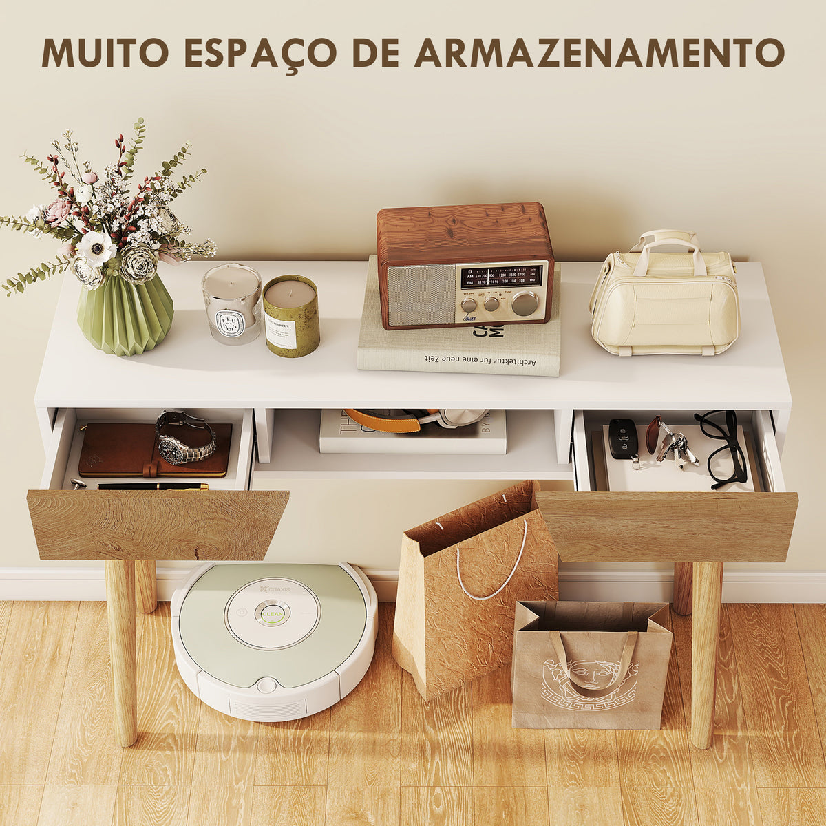 Mesa de Consola Estreita Consola de Entrada Mesa Consola Moderna com 2 Gavetas Compartimento e Pés de Madeira para Corredor Entrada Sala de Estar Dormitório 100x30x75 cm Branco — foto 4