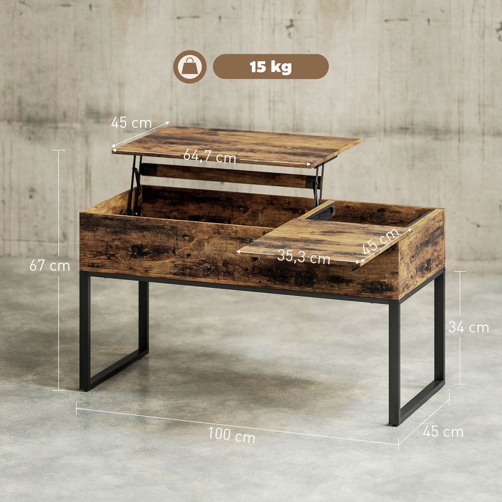 Mesa de Centro Elevatória Mesa de Café com Bancada Deslizante Fecho Suave e Espaço Oculto de Arrumação 100x45x67 cm Castanho Rústico — foto 3
