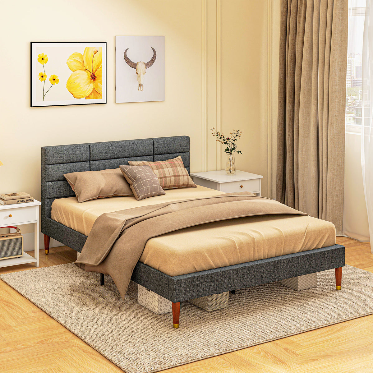Cama 140x200 cm Estrutura de Cama com Cabeceira Estofada em Linho e Espaço de Armazenamento Debaixo da Cama Carga 250 kg Cinza — foto 2