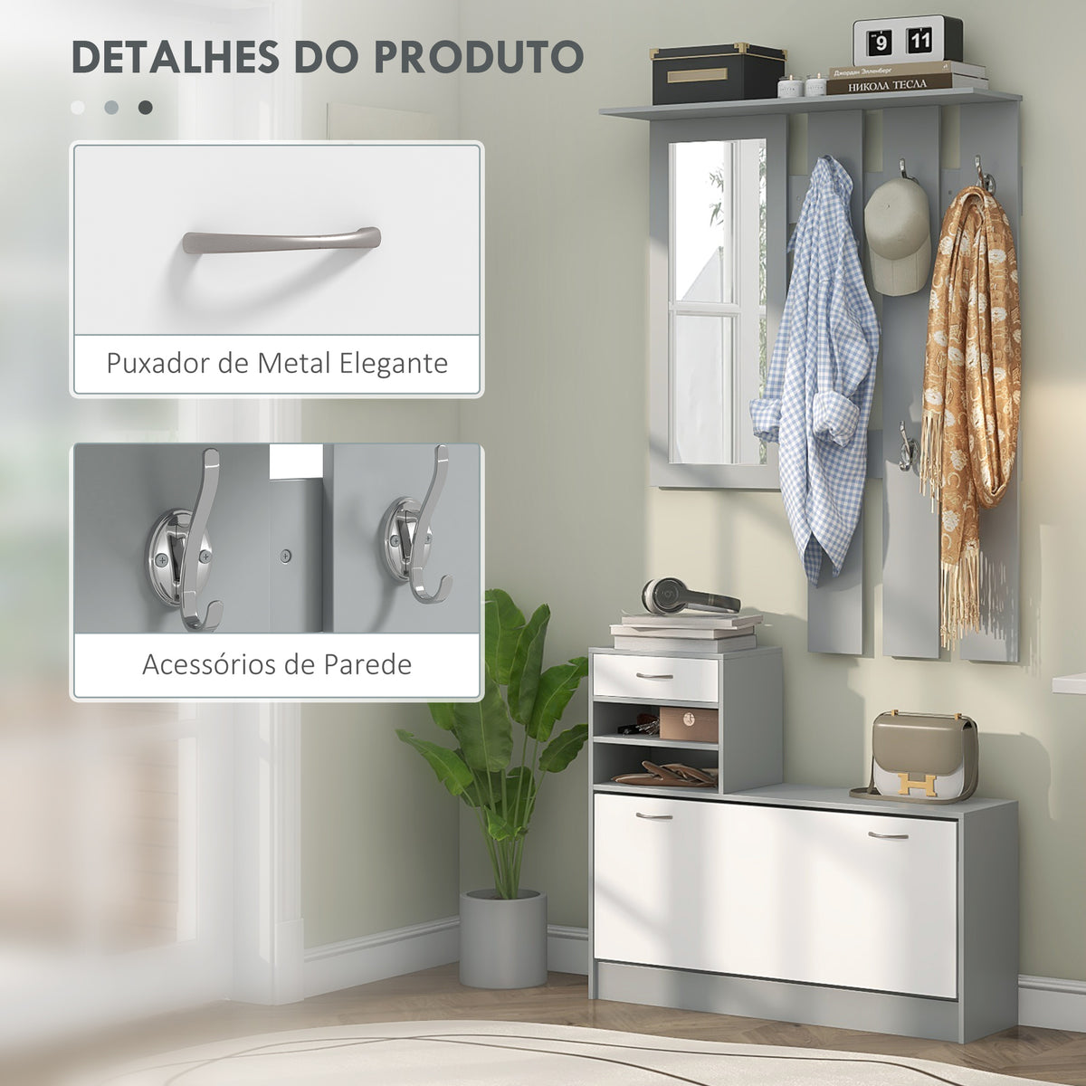 Móvel Cabide de Entrada de 3 Peças Armário de Entrada com Cabide Espelho Sapateira e Gaveta 90x10x102 cm Branco e Cinza — foto 5