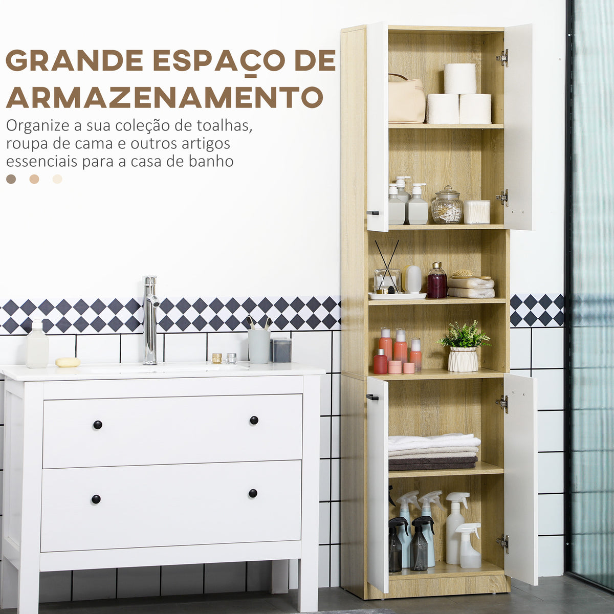 Coluna Casa de Banho Auxiliar Armário Alto Casa de Banho com 4 Portas 2 Prateleiras Abertas e Prateleiras Ajustáveis Estilo Moderno para Sala de Estar 53x33,5x195,7 cm Branco e Madeira — foto 4