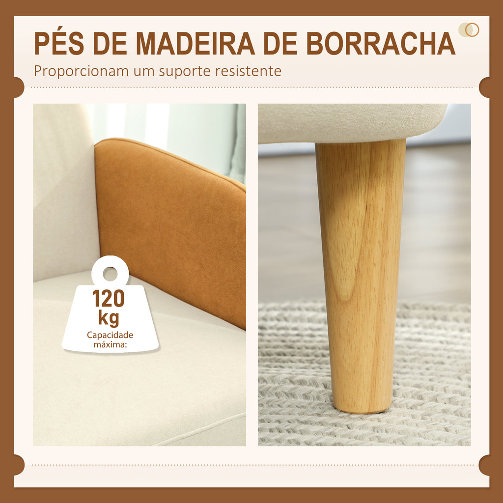 Poltrona de Sala Estofada em Veludo com Apoios de Braço e Pernas de Madeira Poltrona Compacta 120 kg para Quarto Escritório 72x76x74 cm Creme — foto 6
