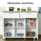 Carrinho de Cozinha com Rodas Carrinho de Cozinha Multiuso com 2 Gavetas 3 Portas Prateleiras Ajustáveis e Barra para Sala de Jantar 121x46x91cm Branco e Madeira — foto 5