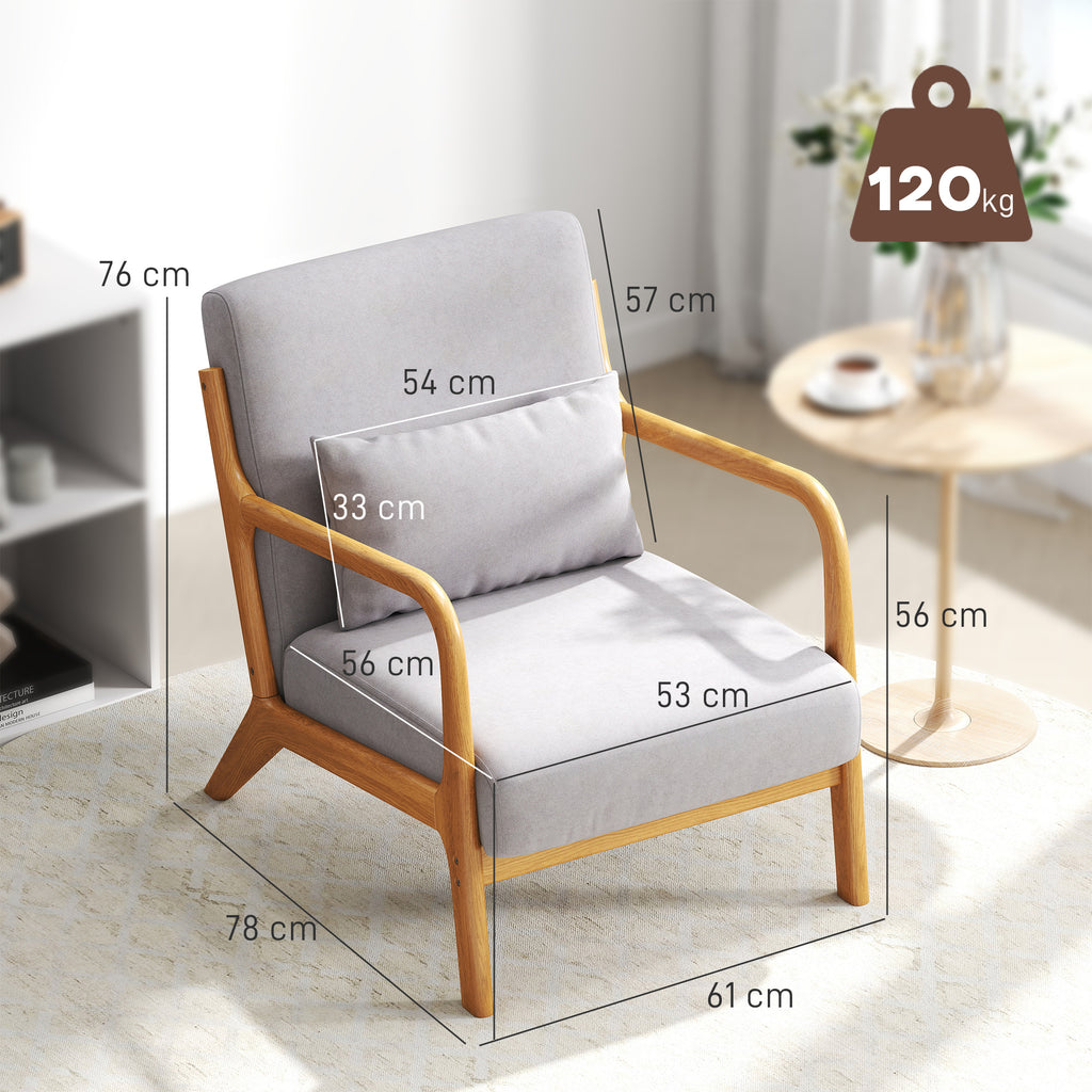 Poltrona Sala de Estar Nórdica Poltrona Individual Acolchoada com Apoio para os Braços e Estrutura de Madeira de Borracha para Dormitório Carga 120 kg 61x78x76 cm Cinza — foto 3