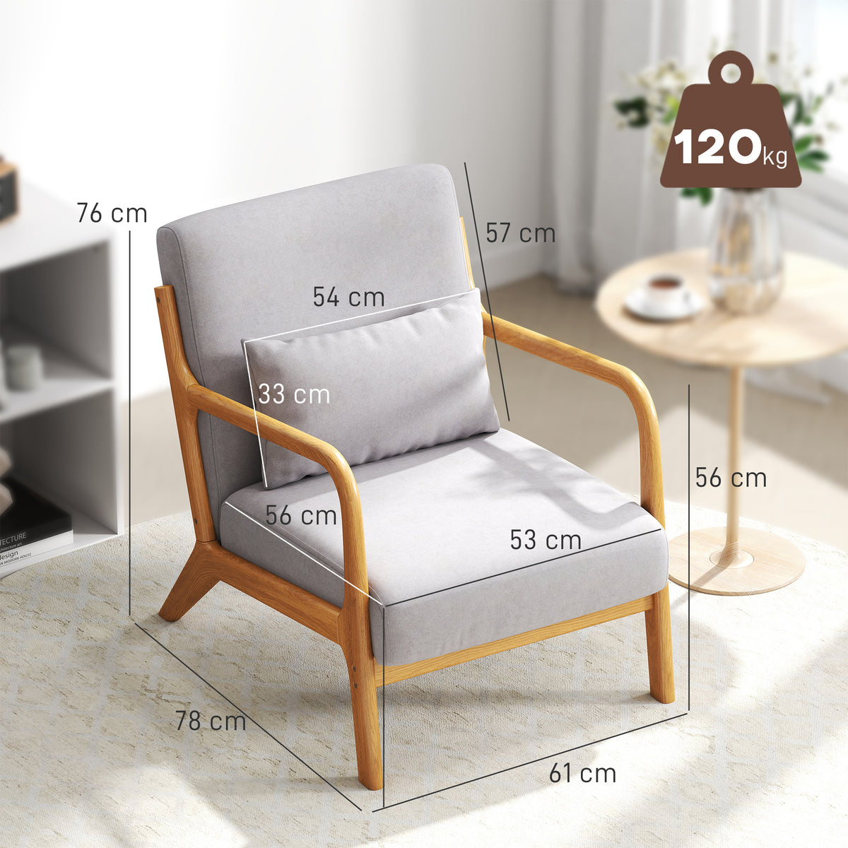 Poltrona Sala de Estar Nórdica Poltrona Individual Acolchoada com Apoio para os Braços e Estrutura de Madeira de Borracha para Dormitório Carga 120 kg 61x78x76 cm Cinza — foto 3