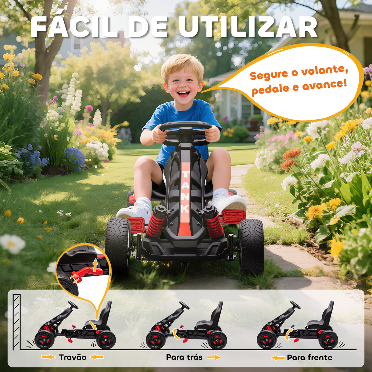 Kart a Pedais para Crianças a Partir dos 3 Anos Kart com Embraiagem Automática Travão Rodas Antiderrapantes em EVA e Estrutura Metálica Carga 50 kg 100x59x60,5 cm Vermelho — foto 5