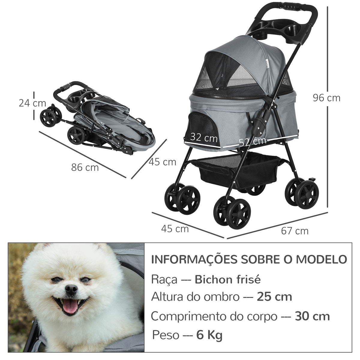 Carrinho de animal de estimação dobrável para cães removível de aço Tecido Oxford Rodas giratórias Freios Janela para gatos pequenos Cães 67x45x96 cm Cinza — foto 3