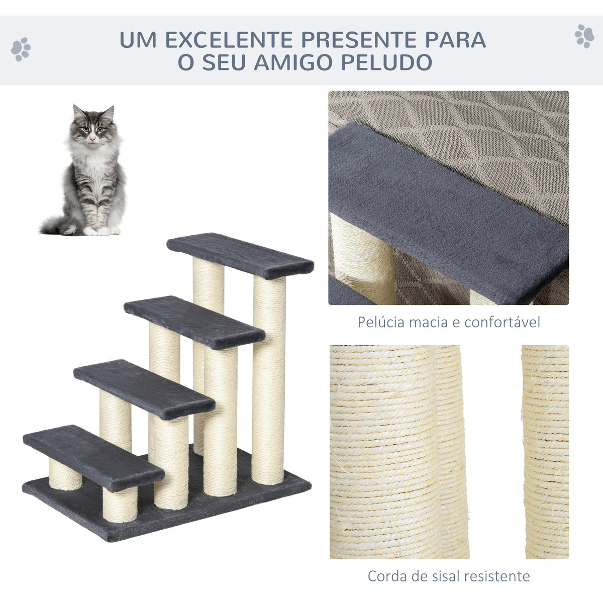 Escada para animais de estimação escada para gatos cães cobertura macia de pelucia Raspador de Sisal Estável 4 Passos 60x42x61 cm Cinzento — foto 4