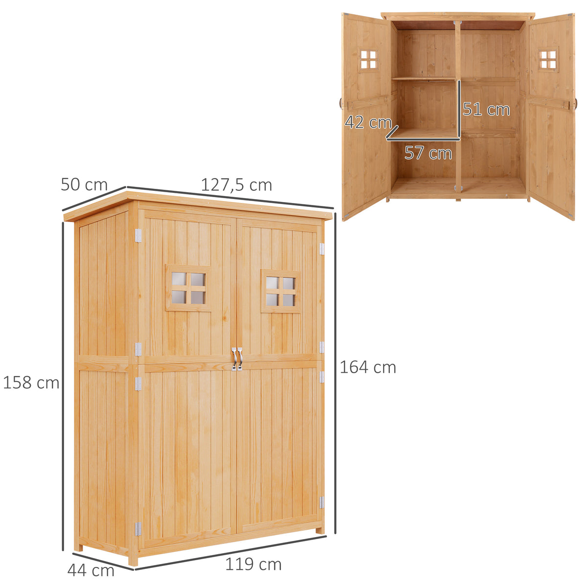 Abrigo de Jardim para Ferramentas Armário de Madeira para Exterior com Prateleira Dupla Porta Janelas e Teto Asfáltico 127,5x50x164cm Madeira — foto 3