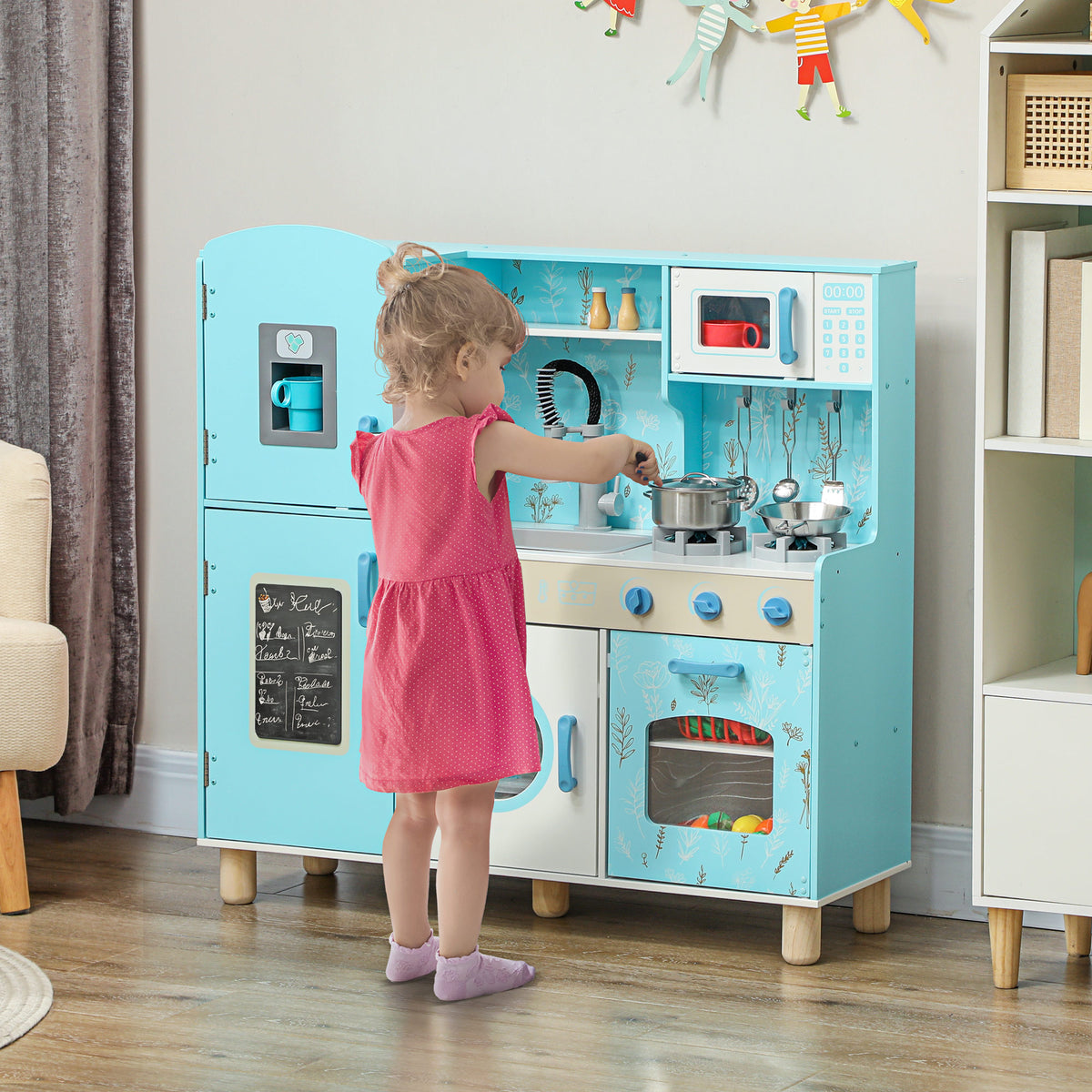 Cozinha de Madeira para Crianças acima de 3 Anos Cozinha Infantil com Sons Fogão Forno Micro-Ondas Máquina de Gelo e Acessórios 90x33,3x91,6 cm Azul — foto 2
