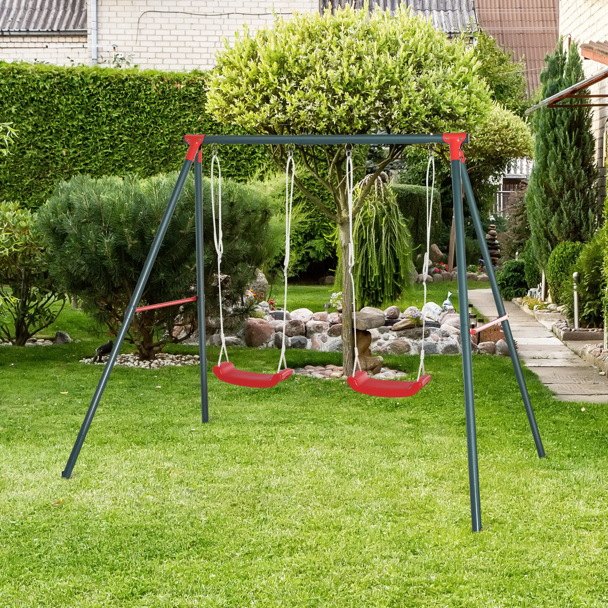 Conjunto de Baloiços para Crianças acima de 3 Anos com Suporte de Metal Baloiço Duplo com Corda Ajustável para Exterior Carga Máx. 40kg 220x160x180 cm Verde e Vermelho — foto 2