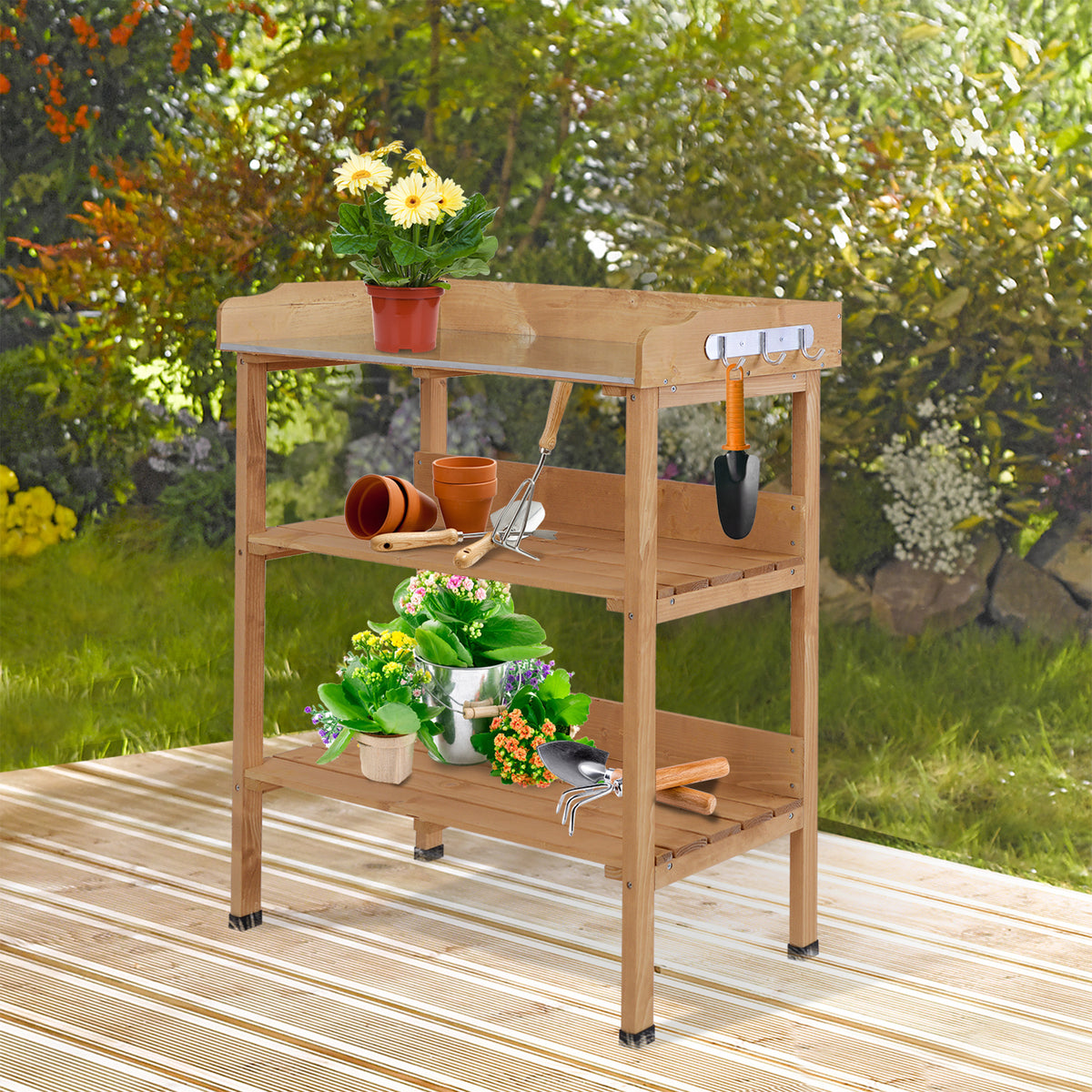 Mesa de Plantação em Madeira com 3 Níveis, Mesa de Jardinagem com Placa Metálica, 2 Prateleiras e Ganchos, Resistente às Intempéries, para Jardim, Terraço e Varanda, 76x37x89 cm, Natural — foto 2