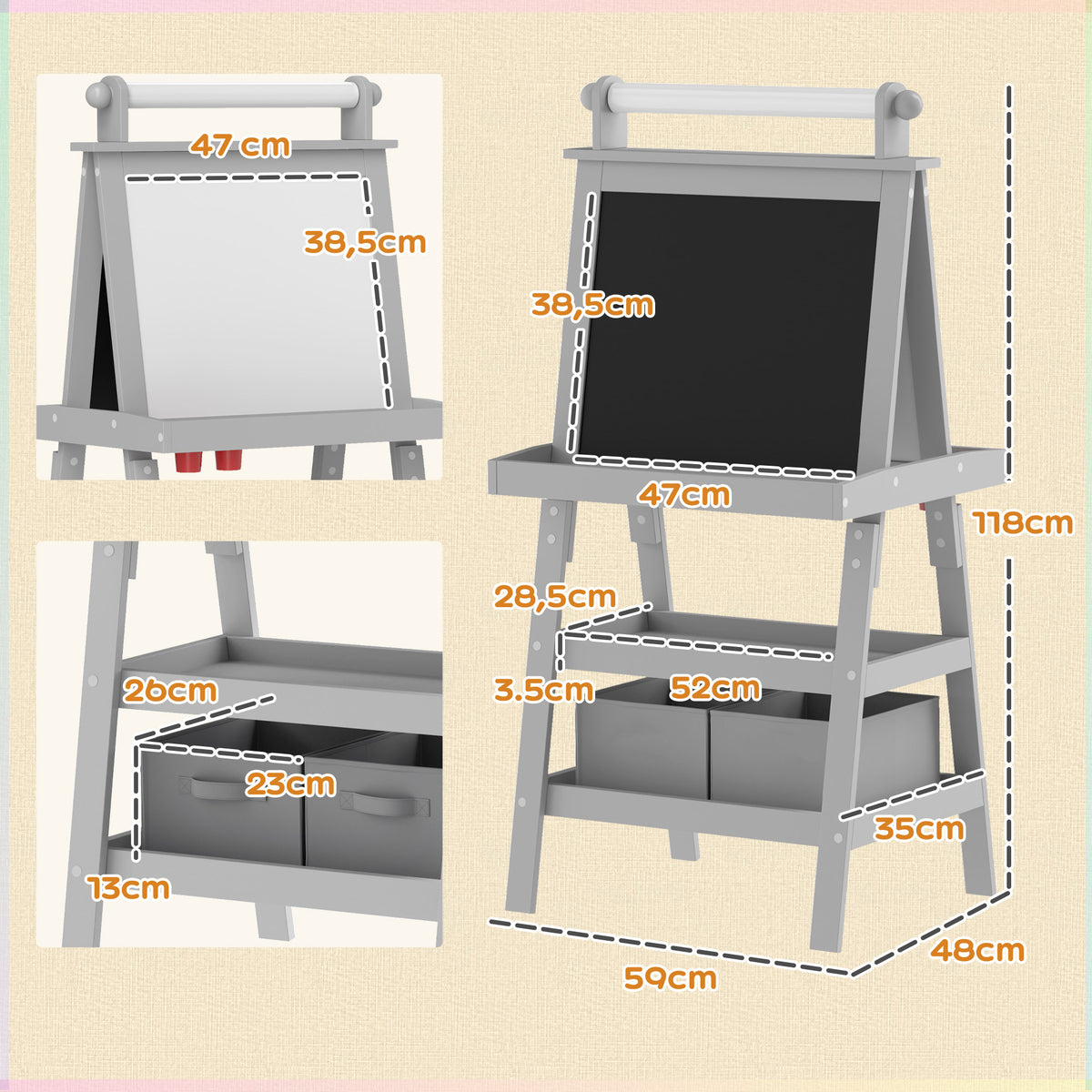 Quadro infantil Cavalete de Pintura Infantil 3 em 1 Quadro Magnético Dupla Face com Rolo de Papel e Cestos de Arrumação Cinzento — foto 3