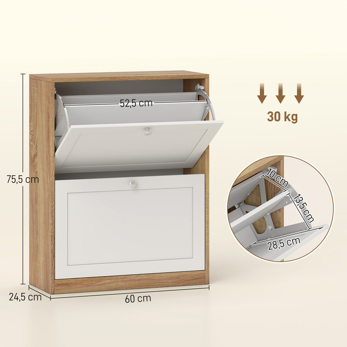 Sapateira Estreita com 2 Portas Sapateira de Entrada com Prateleiras Ajustáveis para 12 Pares de Sapatos para Corredor Espaços Reduzidos 60x24,5x75,5 cm Mdeira e Branco — foto 3