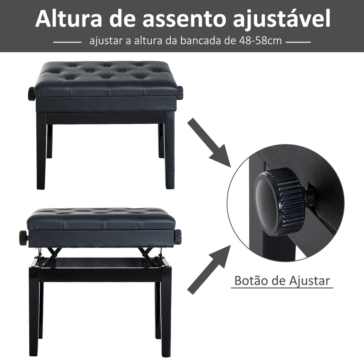 Banco de Piano com Espaço de Armazenamento e Altura Ajustável Banco para Piano com Assento Acolchoado Carga 200 kg 54,5x33x48-58 cm Preto — foto 4