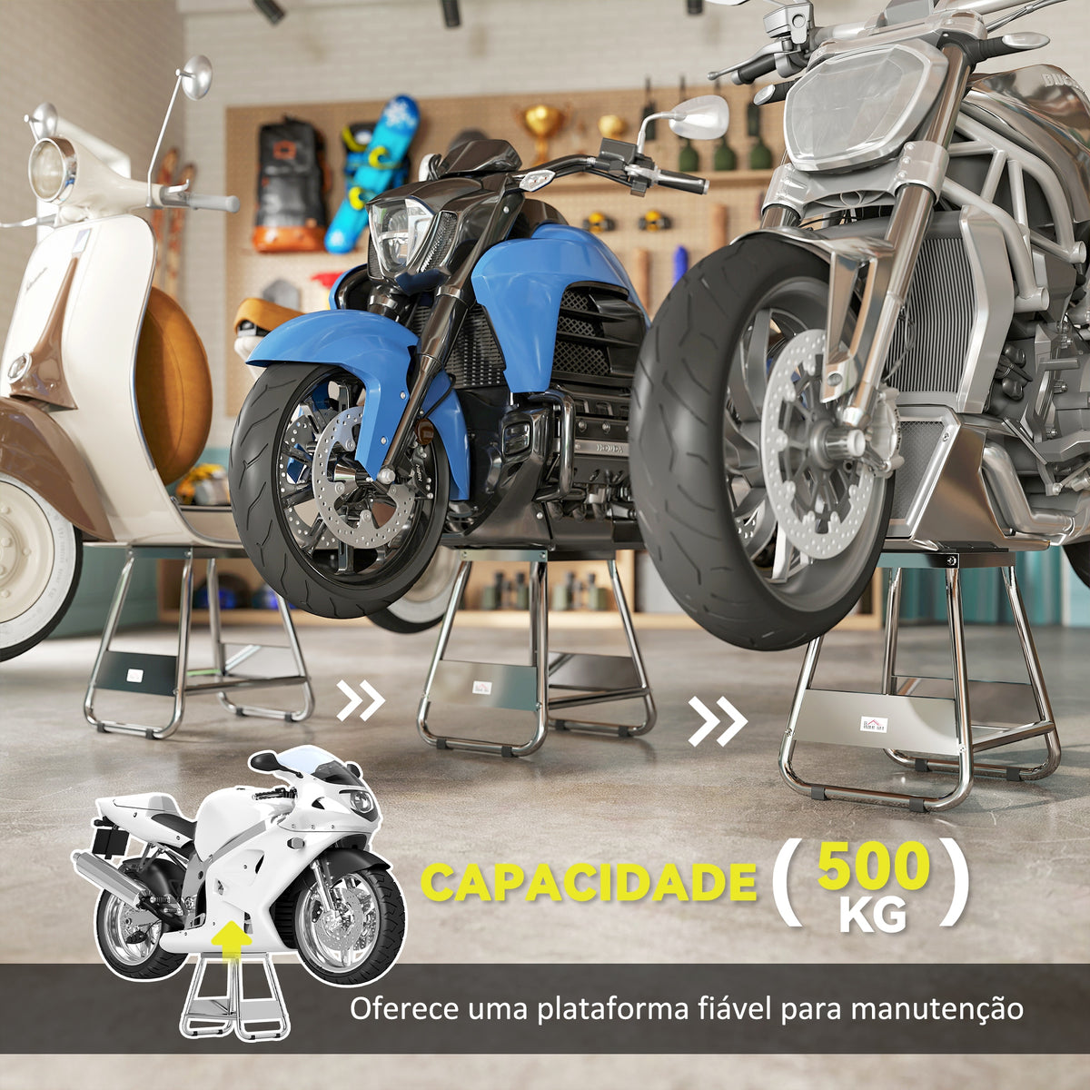 Suporte para Motocicleta Cabalete Tipo Suporte Elevador de Motocross de Aço Carga 500 kg com Plataforma de Borracha Antiderrapante e Área para Reparação e Estacionamento 36x40x40,5 cm Cinza — foto 4