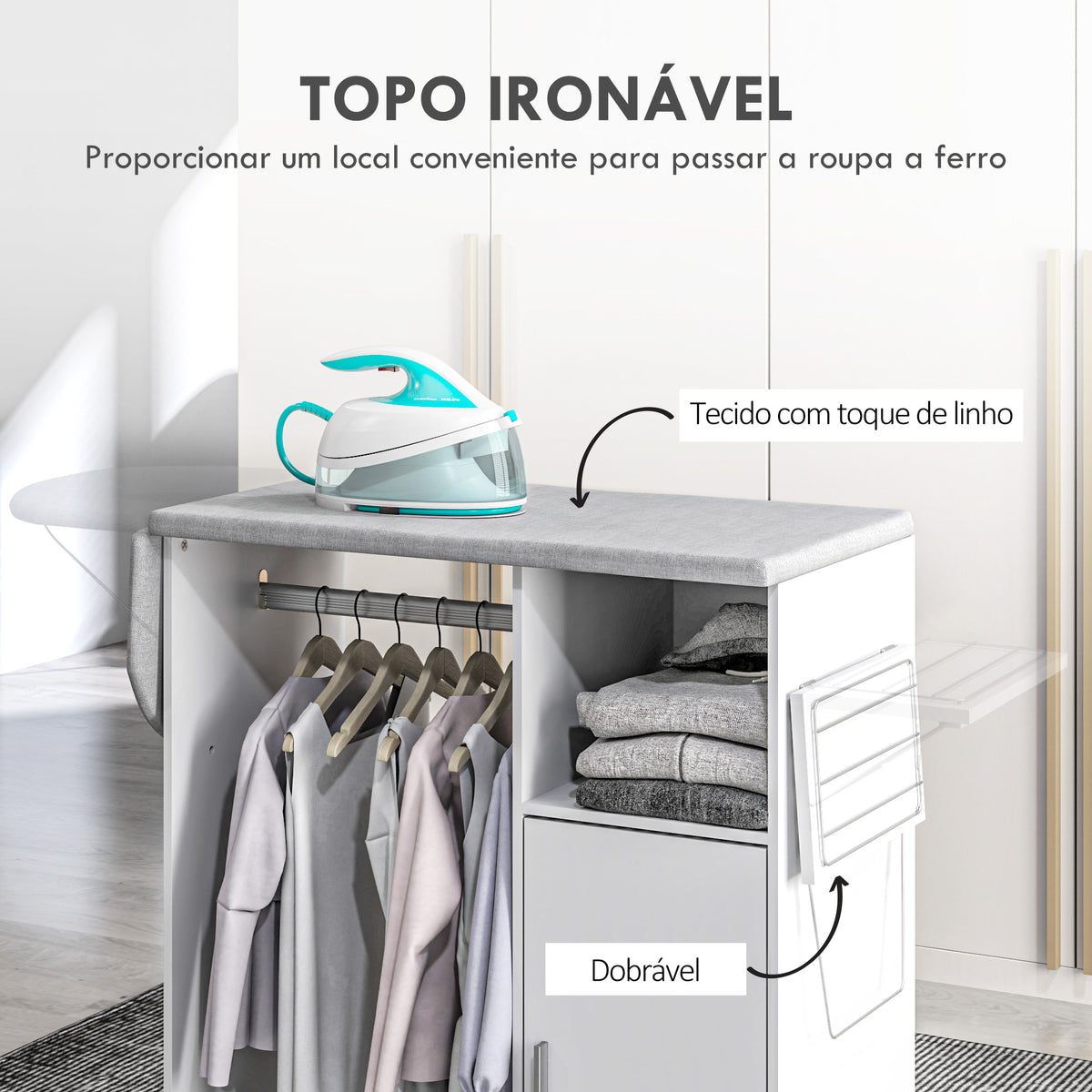 Móvel de Engomar de Madeira Móvel de Engomar com Rodas Barra para Pendurar Roupa Prateleira Aberta e Tábua Dobrável para Sala Quarto 107x42,5x99 cm Branco — foto 4