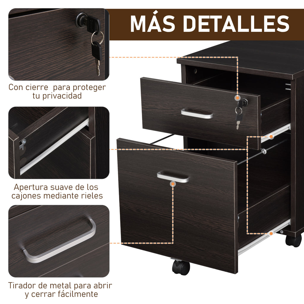 Bloco de Gavetas para Escritório Móvel de Arquivos com 2 Gavetas 5 Rodas com Travões e Fechadura com 2 Chaves para Escritório Secretária Casa 40x45x55,6cm Wengué — foto 5