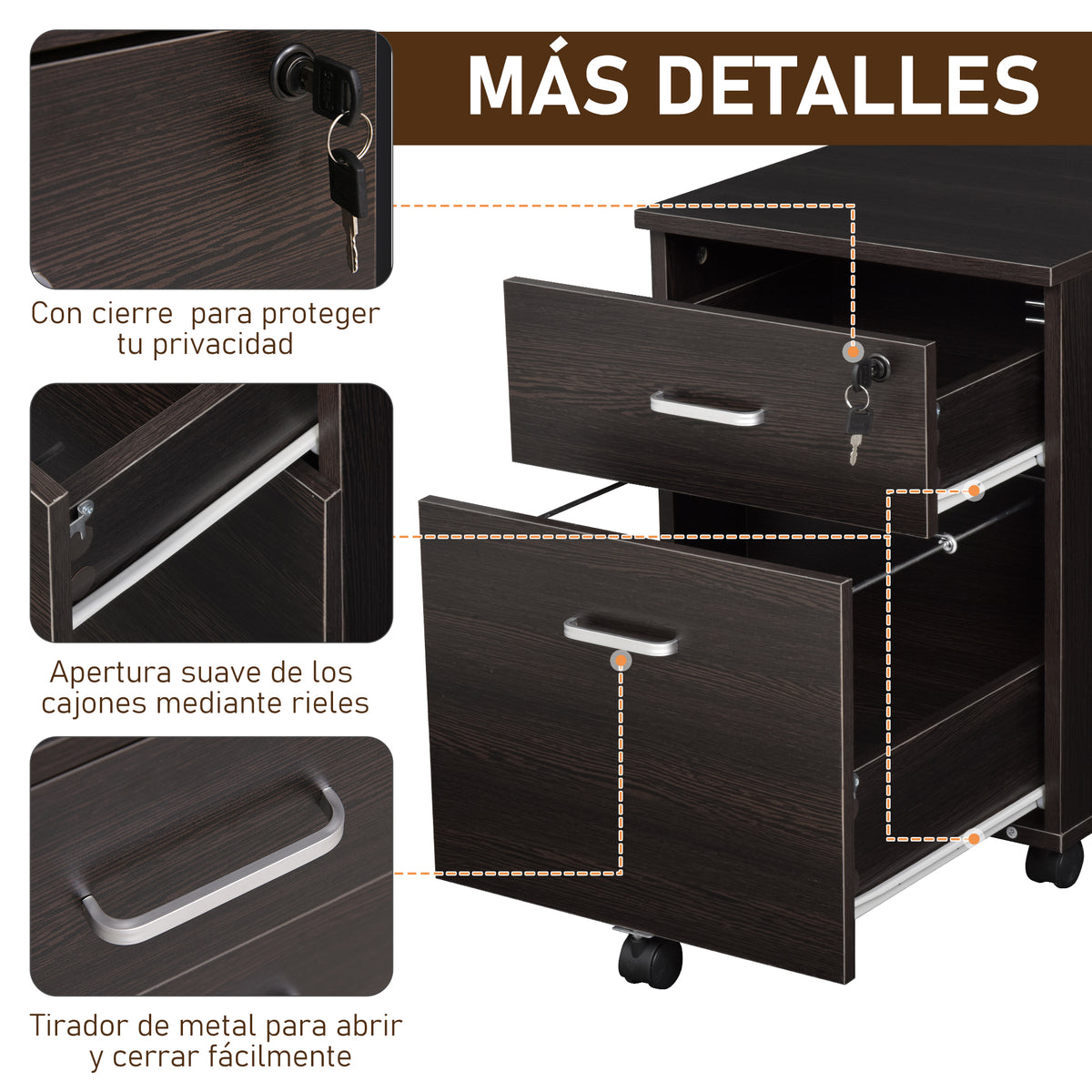 Bloco de Gavetas para Escritório Móvel de Arquivos com 2 Gavetas 5 Rodas com Travões e Fechadura com 2 Chaves para Escritório Secretária Casa 40x45x55,6cm Wengué — foto 5