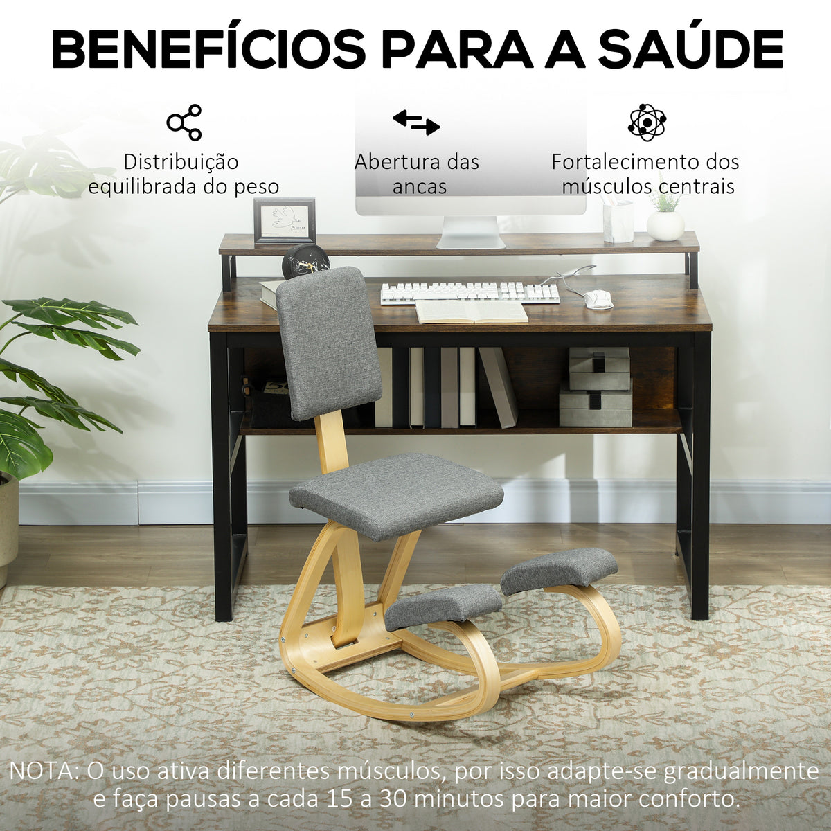 Cadeira Ergonómica de Joelhos com Encosto Almofadas Acolchoadas Estrutura de Madeira para Melhor Postura Escritório 51x84x93 cm Cinzento — foto 6