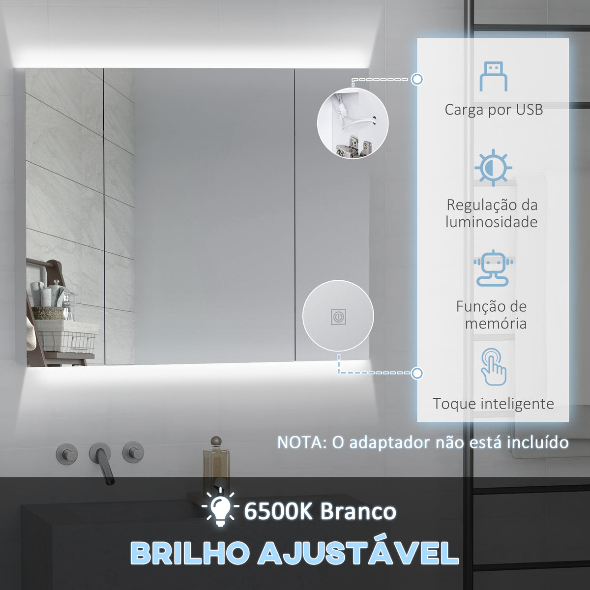 Armário Casa de Banho com Espelho e Luzes LED Armário com Espelho para Casa de Banho com Prateleiras Ajustáveis e USB Móvel para Casa de Banho Estilo Moderno 90x15x75 cm Branco — foto 4
