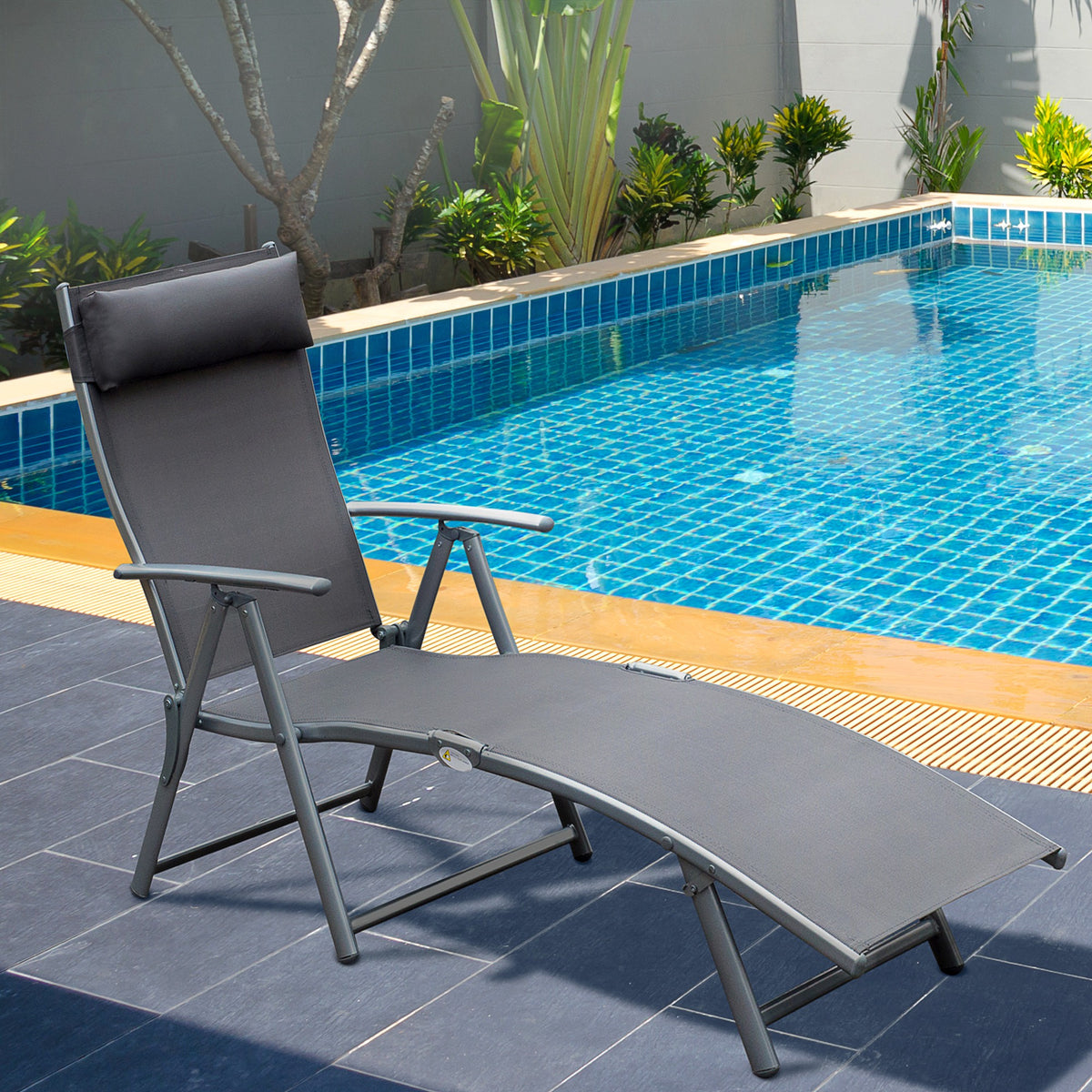 Espreguiçadeira Dobrável de Jardim com Encosto Ajustável em 7 Posições Apoio para a Cabeça para Terraço Piscina Exterior Carga Máxima 165kg 137x63,5x100,5cm Cinza — foto 2
