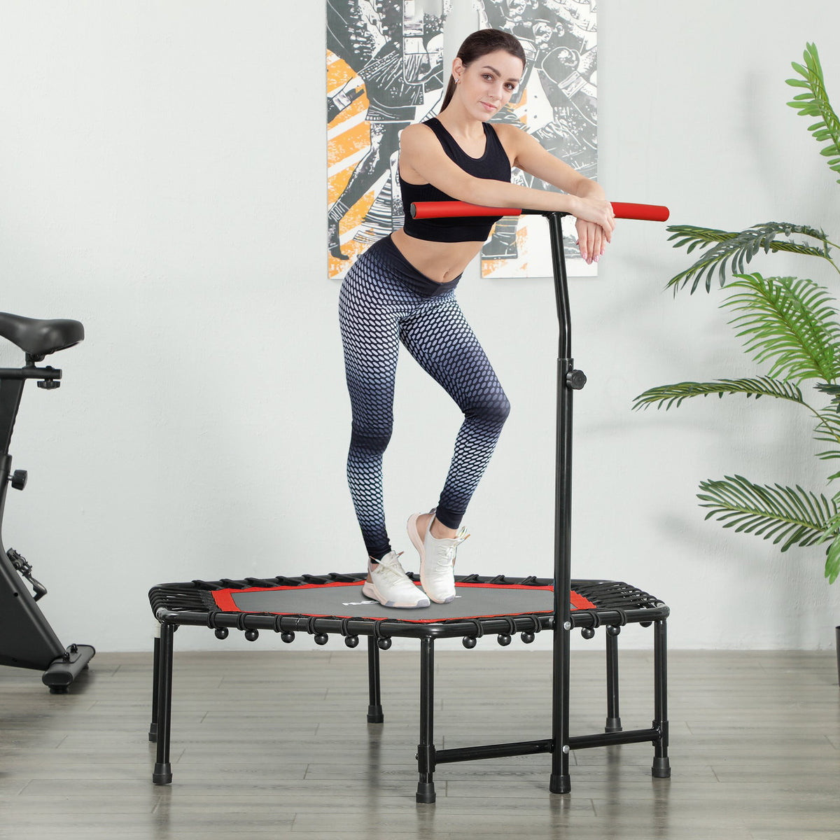 Trampolim Fitness 114x114x132 cm Trampolim Fitness com Guiador Ajustável em 3 Níveis Estrutura de Aço para Treino de Perna Corpo em Casa Escritório Ginásio Vermelho — foto 2