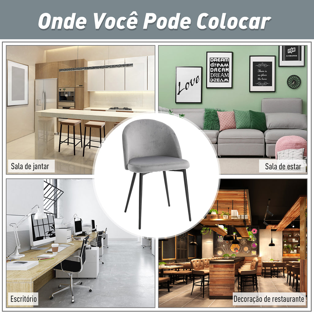 Conjunto de 2 Cadeiras de Sala de Jantar com Asento e Encosto Acolchoados Estofadas em Veludo Suave Desenho Moderno Carga Máxima 90 kg 49x50x77 cm Cinza — foto 5