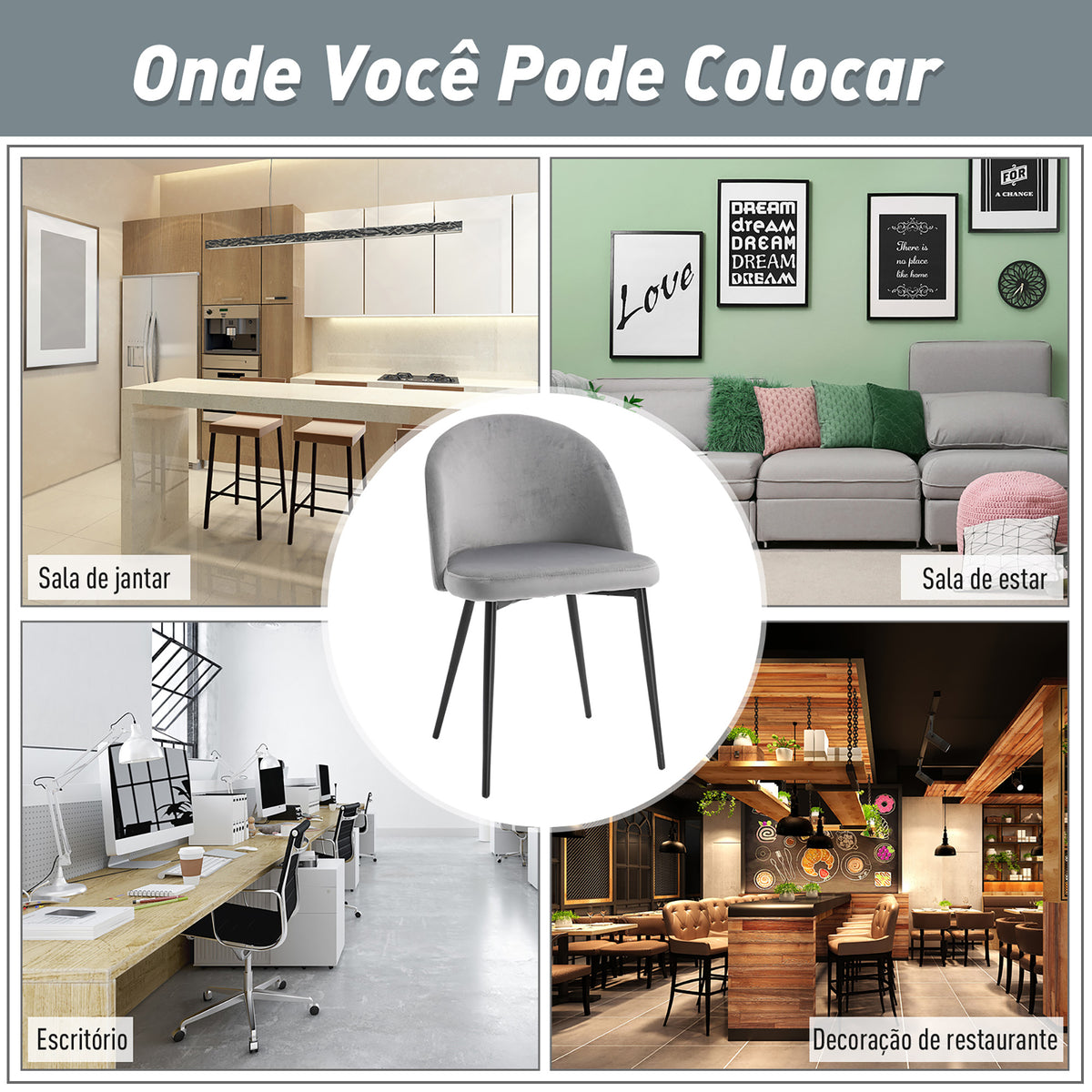 Conjunto de 2 Cadeiras de Sala de Jantar com Asento e Encosto Acolchoados Estofadas em Veludo Suave Desenho Moderno Carga Máxima 90 kg 49x50x77 cm Cinza — foto 5