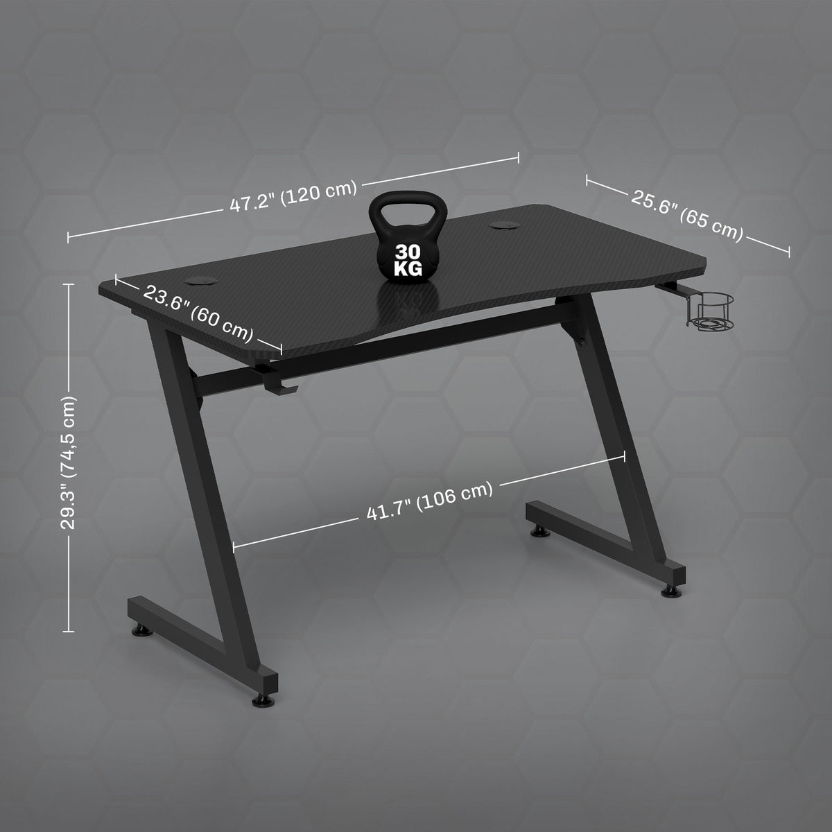 Secretária Gaming 120x65x74,5cm Secretária Gaming para Computador com Suporte para Copos Gancho para Fones de Ouvido e Pés Ajustáveis com Efeito de Fibra de Carbono Preto — foto 3