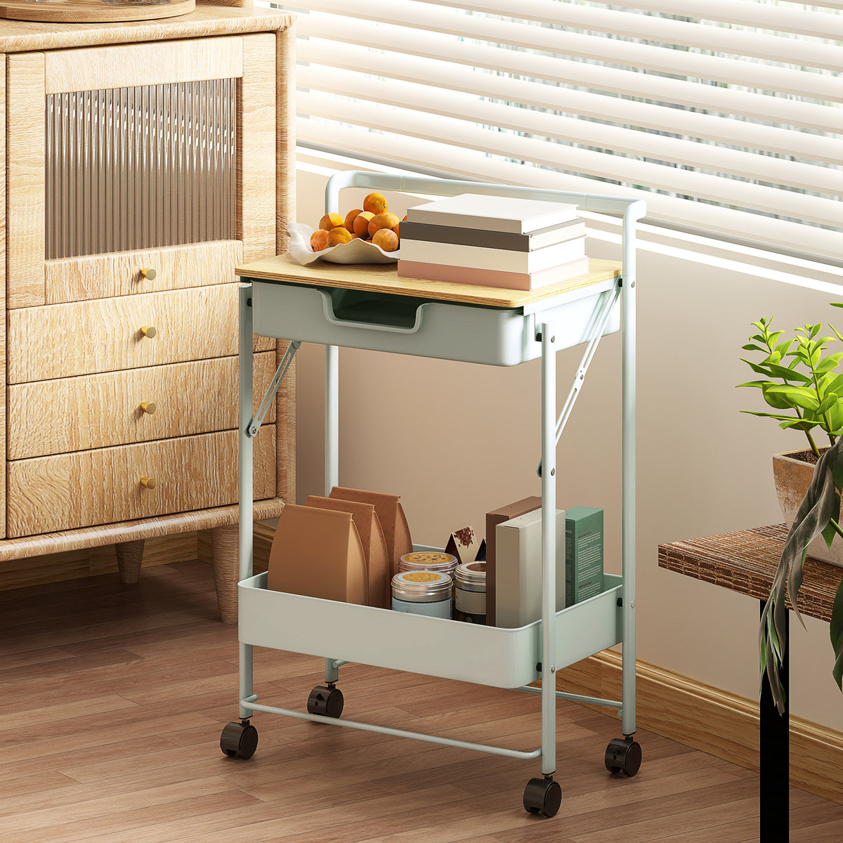 Carrinho Auxiliar com Rodas de 2 Níveis Carrinho de Cozinha com 1 Gaveta e 1 Cesto Carrinho Organizador para Dormitorio Sala Escritório 45x29,5x68 cm Verde Claro — foto 2