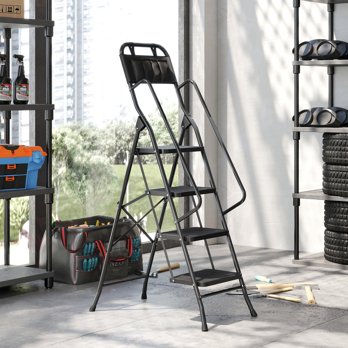 Escada Dobrável com 4 Degraus Escada de Metal com Apoio para os Braços e Suporte para Ferramentas Carga Máxima 150 kg 50x83x157,5 cm Preto — foto 2