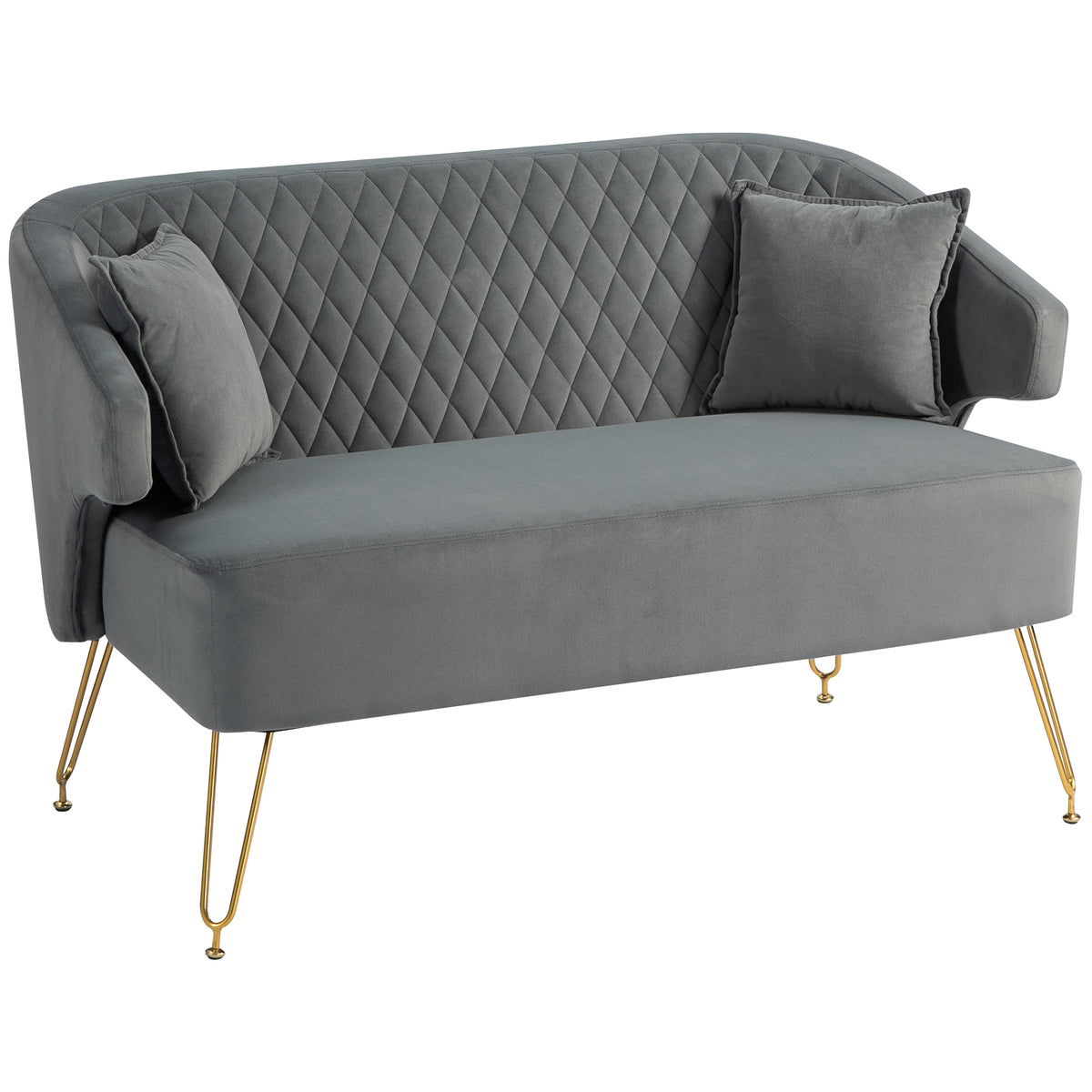 Sofá de 2 Lugares Estofado em Veludo Sofá Sala de Estar com 2 Almofadas Apoio para o Braço e Pés de Aço Dourado Sofá Pequeno Carga 240 kg para Dormitório Escritório 124x69x76 cm Cinza — foto 1
