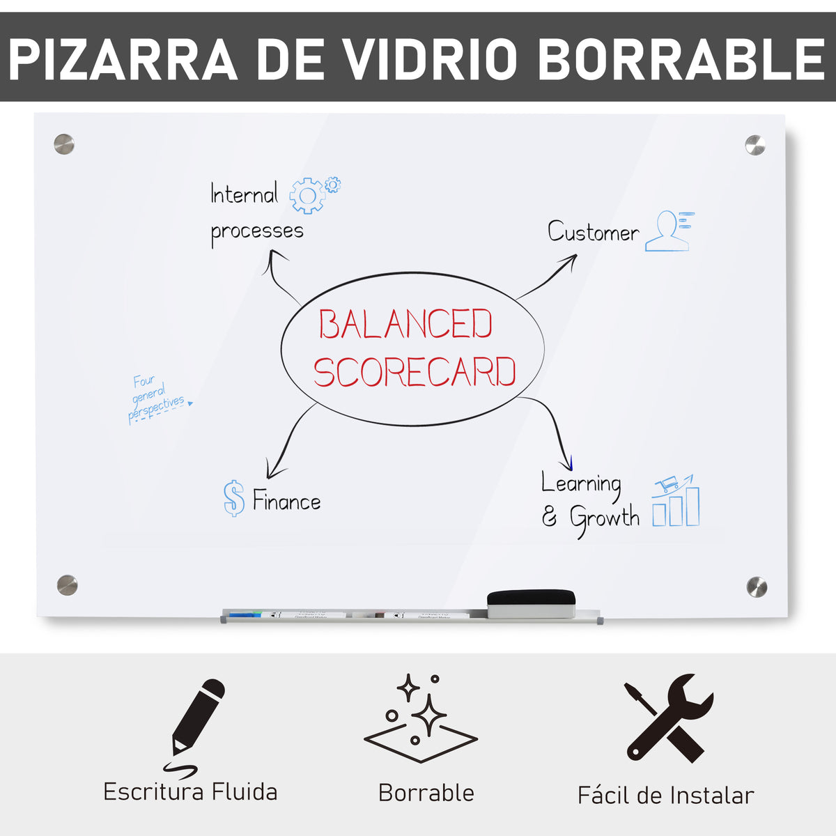 Placa de vidro magnético com bandeja Quadro de parede sem moldura Inclui 4 marcadores e borracha 90x60x0,45 cm Branco — foto 4