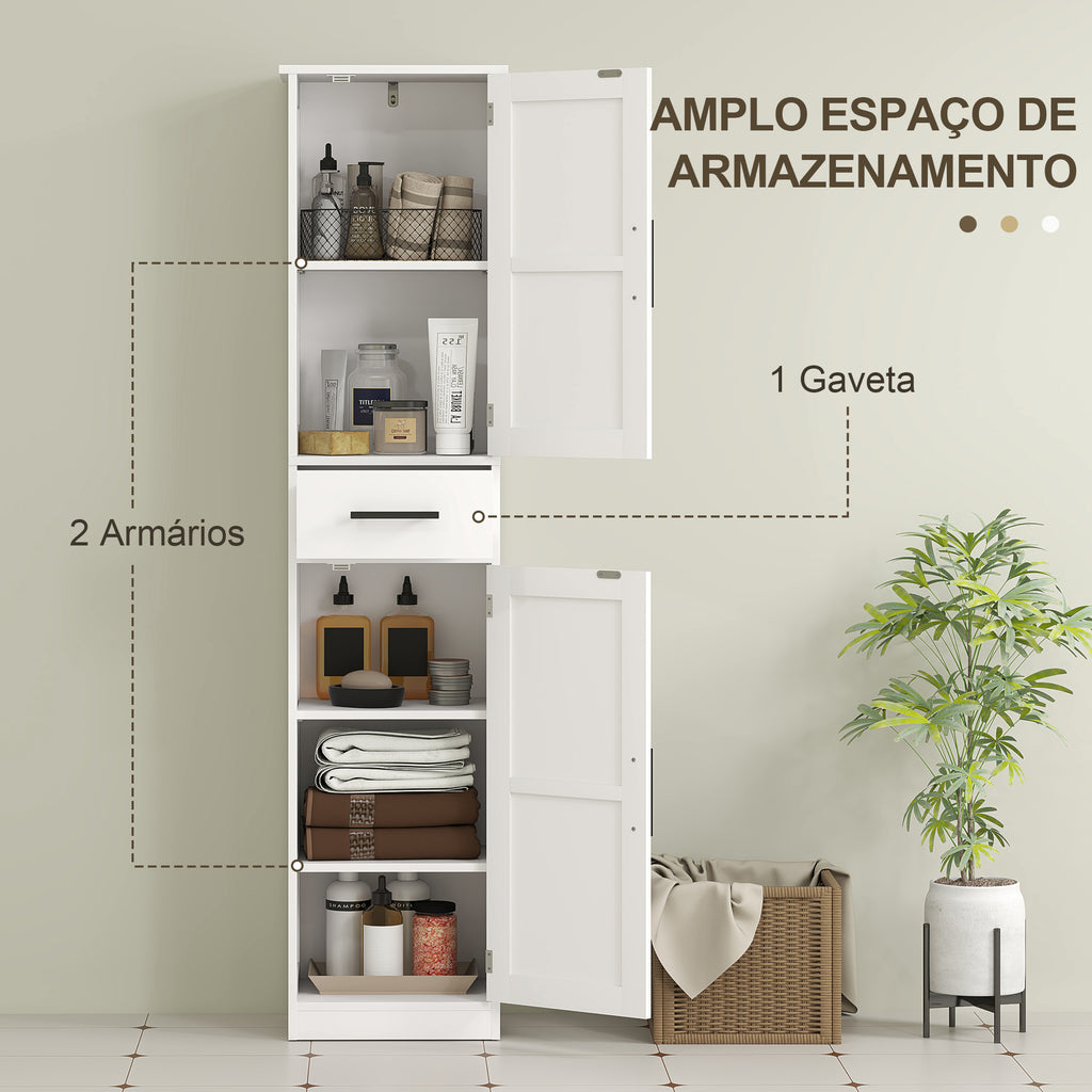 Coluna de Casa de Banho com 2 Portas 1 Gaveta e 2 Prateleiras Ajustáveis Armário Alto de Casa de Banho Estreito Estilo Rústico 40x30x170 cm Branco — foto 5