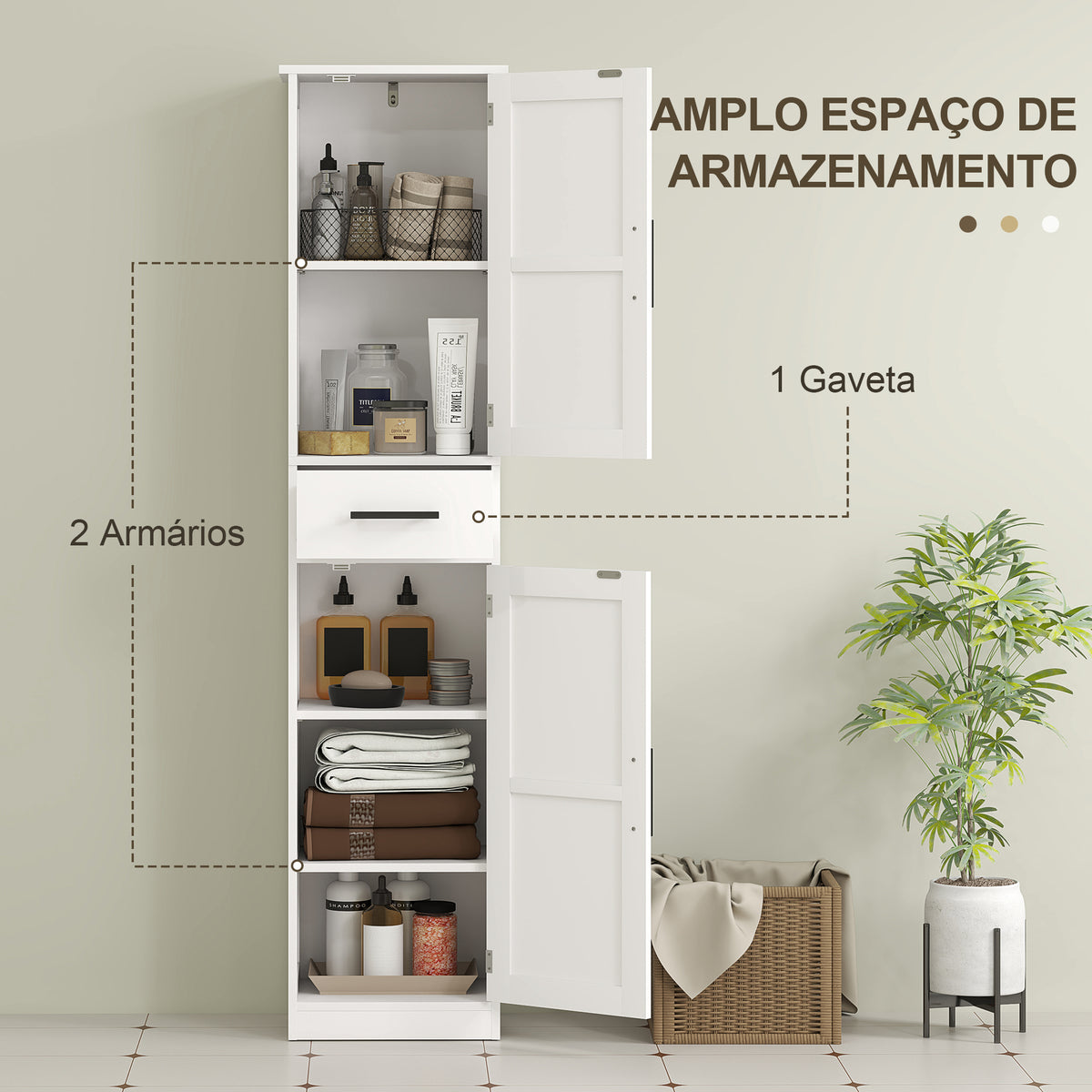Coluna de Casa de Banho com 2 Portas 1 Gaveta e 2 Prateleiras Ajustáveis Armário Alto de Casa de Banho Estreito Estilo Rústico 40x30x170 cm Branco — foto 5