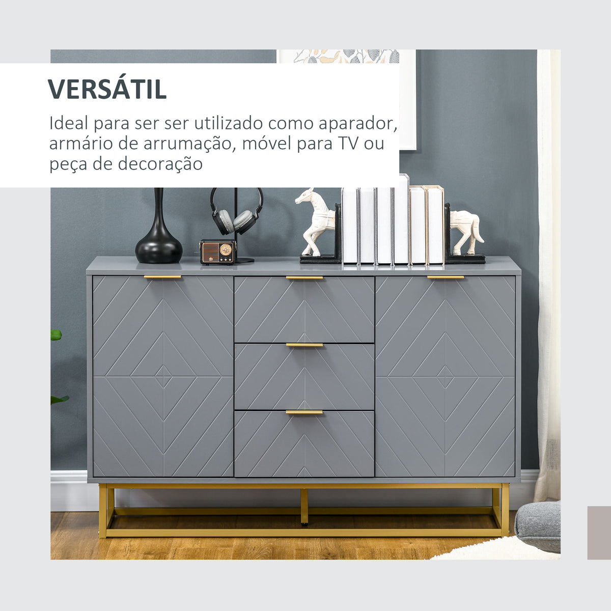 Aparador Auxiliar Armário de Armazenamento com 3 Gavetas e 2 Armários com Porta Prateleira Ajustável para Sala de Estar Cozinha 120x40x76 cm Cinza — foto 4