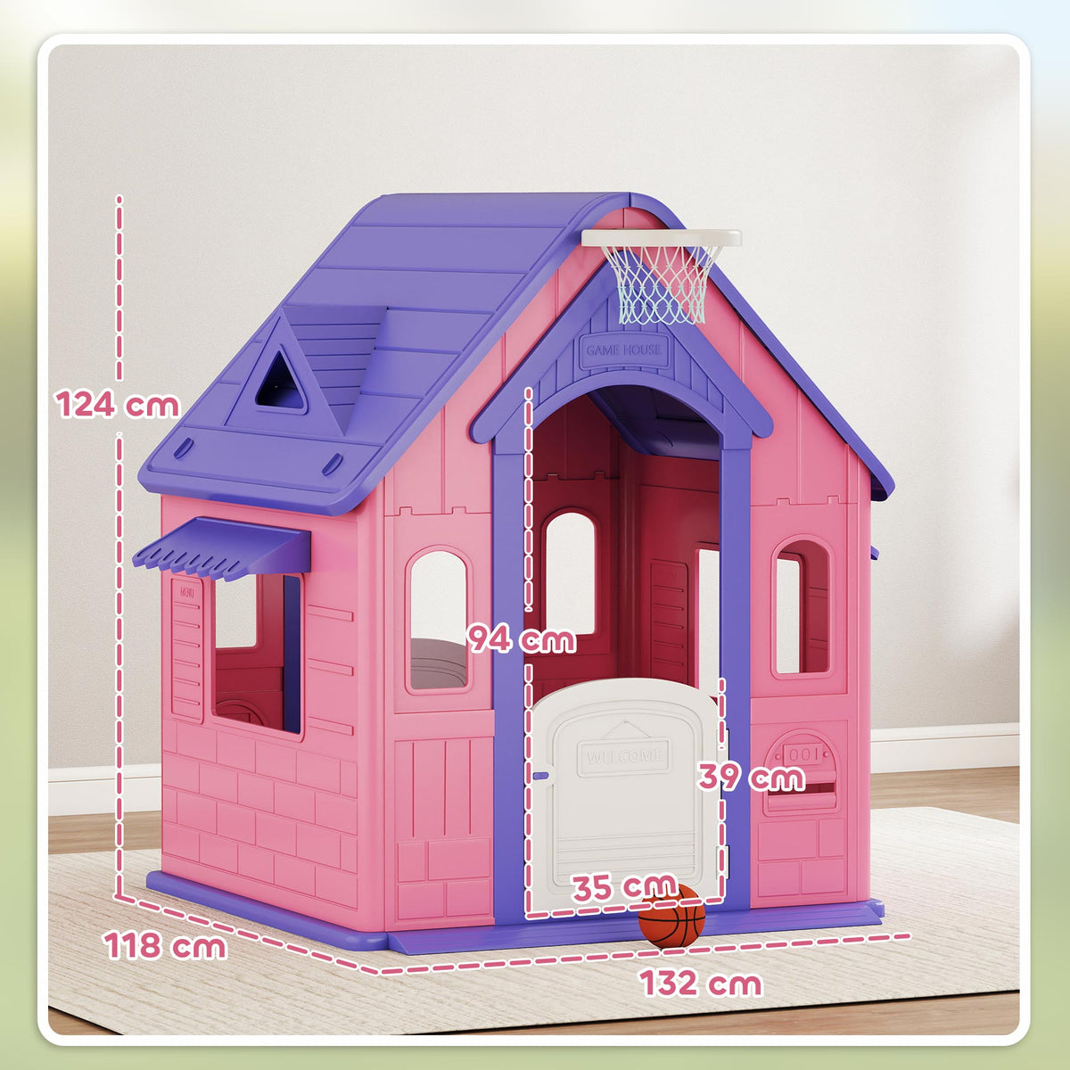 Casinha Infantil para Exterior e Interior 3 em 1 Casinha de Jardim com Lançamento de Aros e Basquetebol Casa de Jogos para Crianças de 2-5 Anos 132x118x124 cm Rosa e Roxo — foto 3