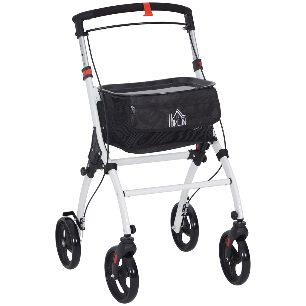 Andarilho para Idosos Dobrável de Alumínio Andador para Pessoas Maiores com 4 Rodas e Bandeja Andarilho com Altura Ajustável Travão e Bolsa de Transporte 64,5x54x90-102 cm Preto e Branco — foto 1