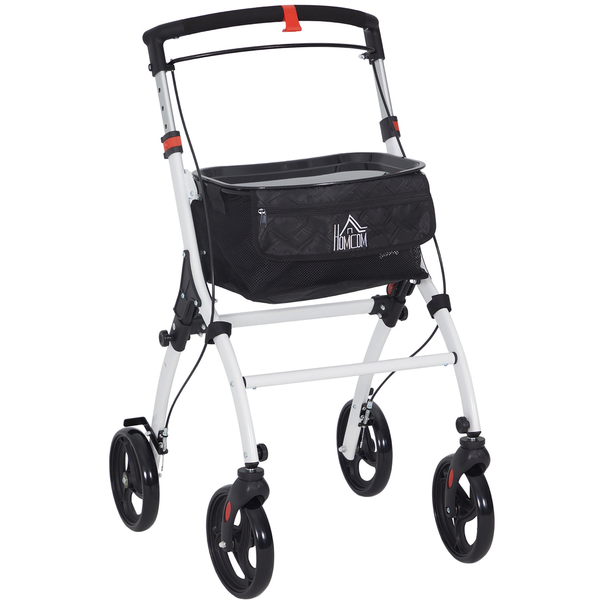 Andarilho para Idosos Dobrável de Alumínio Andador para Pessoas Maiores com 4 Rodas e Bandeja Andarilho com Altura Ajustável Travão e Bolsa de Transporte 64,5x54x90-102 cm Preto e Branco — foto 1