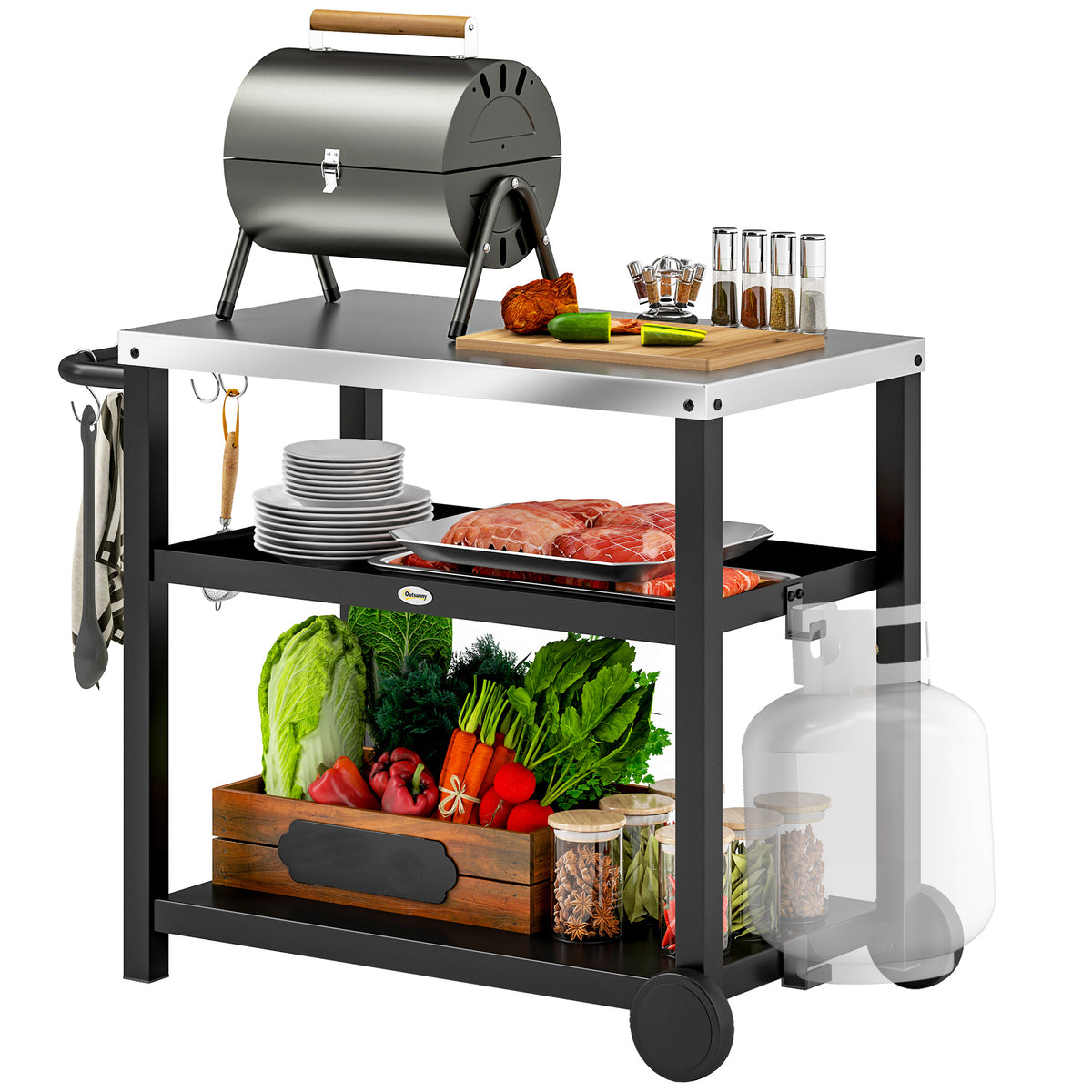 Carrinho de Barbecue de 3 Níveis Carrinho de Serviço com 2 Rodas Prateleiras Bancada em Aço Inoxidável e Alça Mesa para Forno de Pizza para Jardim e Pátio 102x50x81 cm Cinza Carvão — foto 1