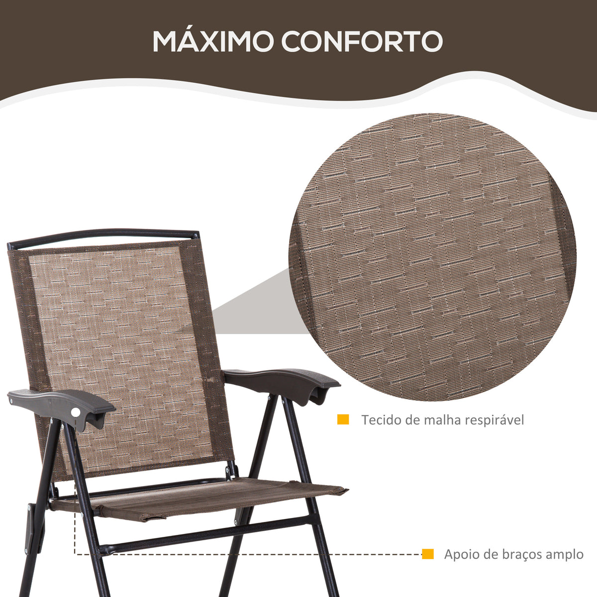 Conjunto de Mesa e 2 Cadeiras Cadeira Dobrável Encosto Reclináveis a 4 Níveis Armação de Aço Marrom — foto 5