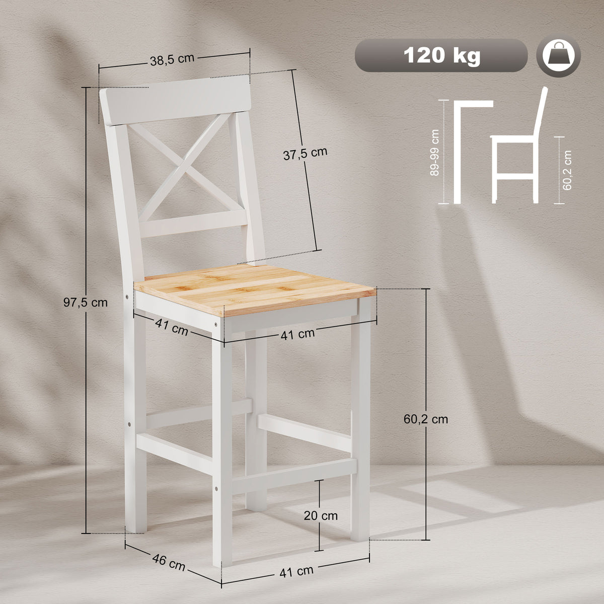 Conjunto de 2 Bancos de Bar de Madeira Bancos Altos de Cozinha com Encosto e Apoio para os Pés Estilo Rústico para Sala de Jantar 41x46x97.5 cm Natural — foto 3