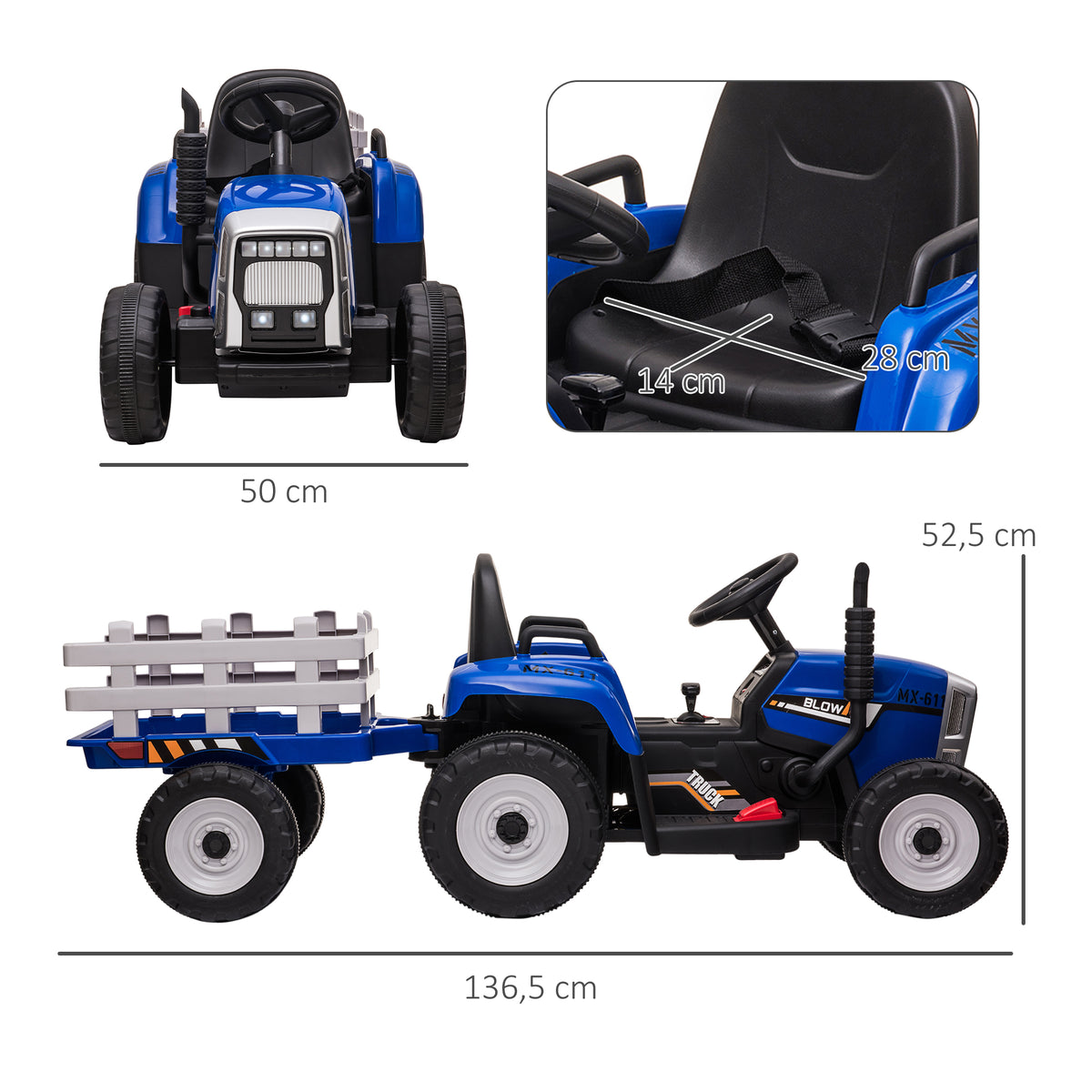 Trator Elétrico com Reboque Amovível Carro Elétrico para Crianças 3-6 Anos com Controlo Remoto Música MP3 Luzes e Cinto de Segurança 136,5x50x52,5 cm Azul — foto 3