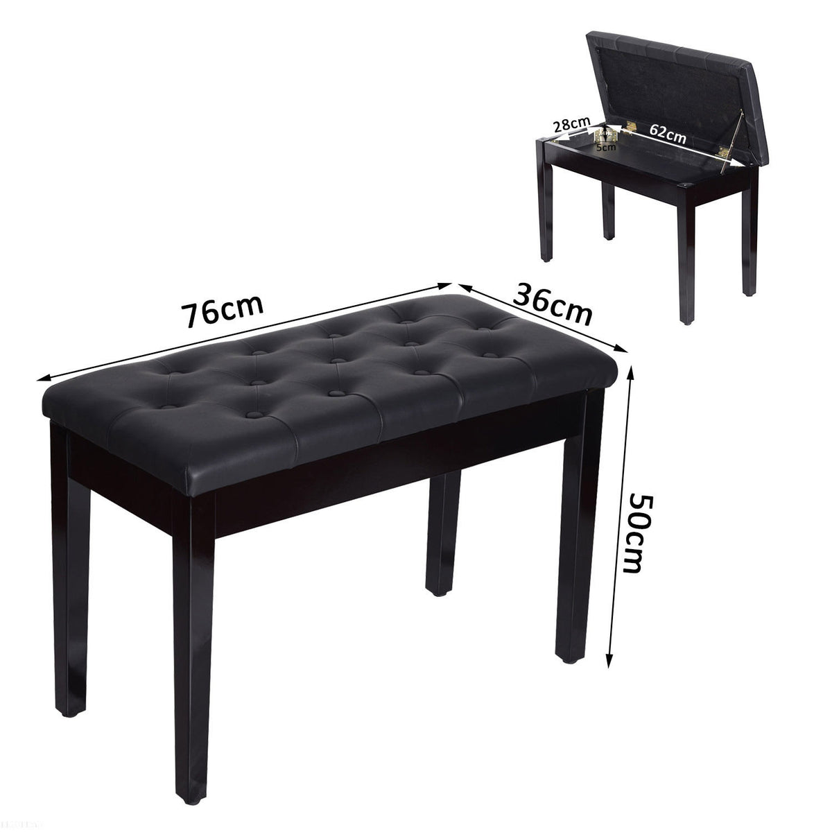 Banco de Piano Banco para Piano com Espaço de Armazenamento Assento de Couro Sintético Acolchoado Carga Máxima 200kg 76x36x50cm Preto — foto 3