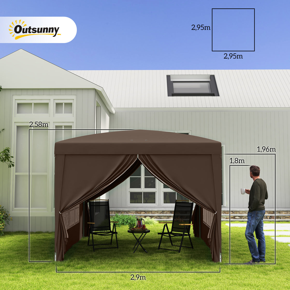 Tenda de Jardim com Paredes Laterais Amovíveis Janelas Porta com Fecho de Correr e Bolsa de Transporte 295x295x196-258 cm Café — foto 3