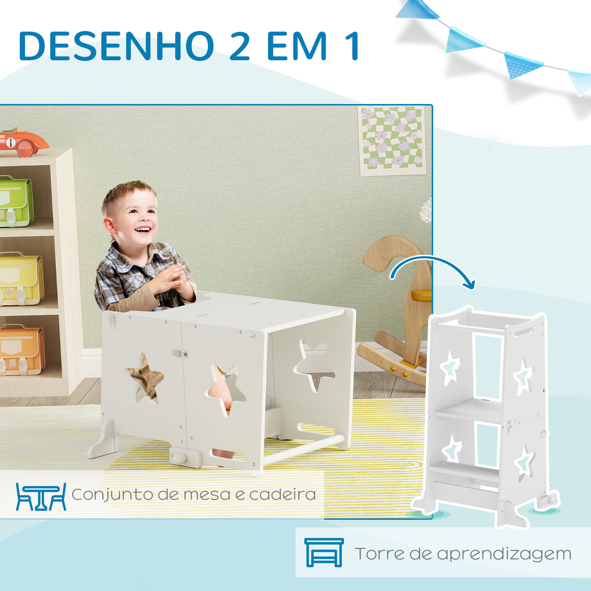 Torre de Aprendizagem 2 em 1 Torre de Aprendizagem para Crianças acima de 3 Anos Convertível em Mesa e Cadeira com Barreira de Segurança 60x44,5x86 cm Branco — foto 5