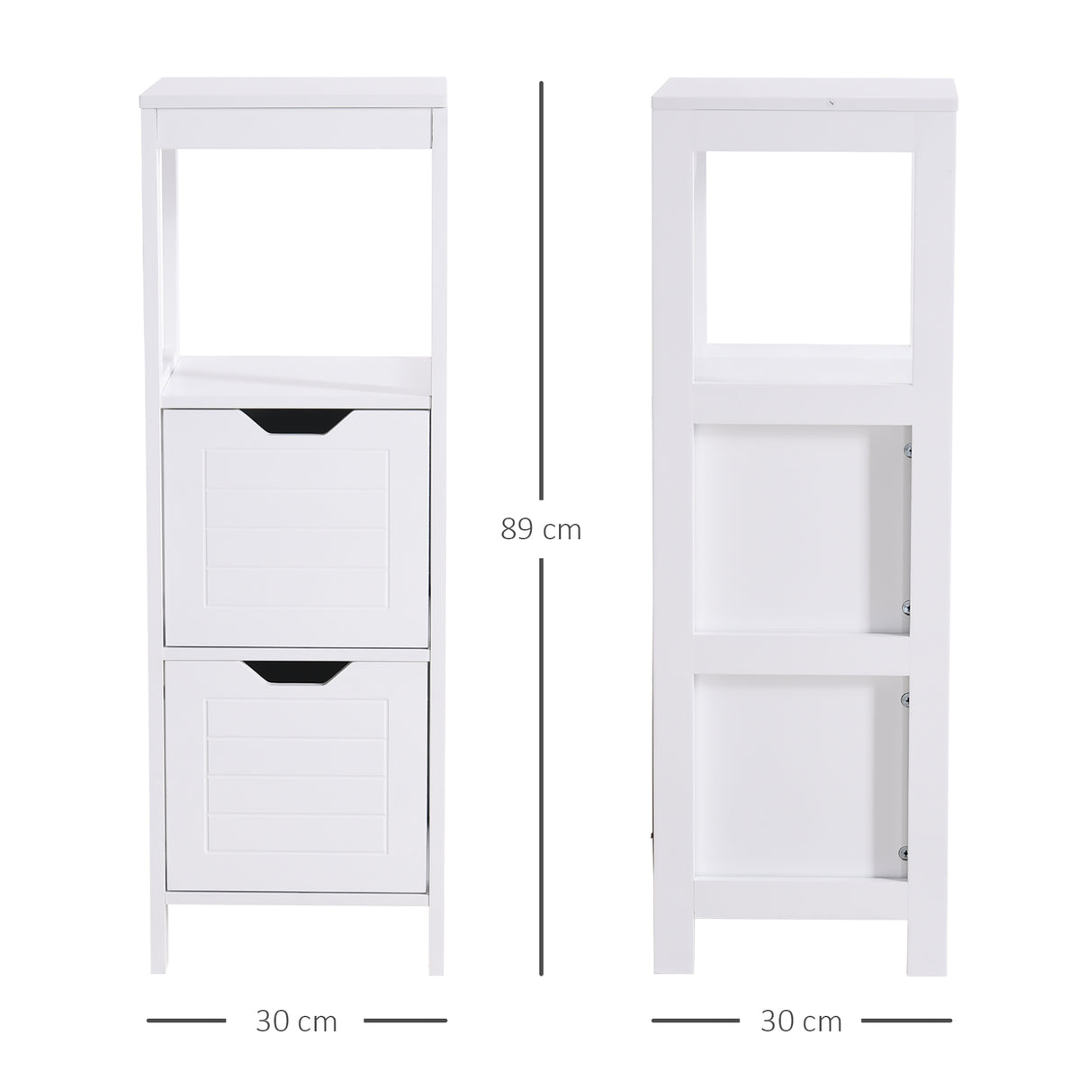 Armário de banheiro Armário multifuncional com prateleira aberta 2 gavetas de armazenamento Design anti-dica 30x30x89 cm Branco — foto 3