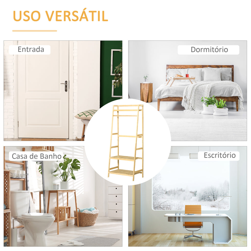 Suporte para Cabides de Bambu Cabideiro com Prateleira de 3 Níveis com Barra e Cabide Lateral para Roupas Bolsas 70x42x164cm Madeira — foto 6