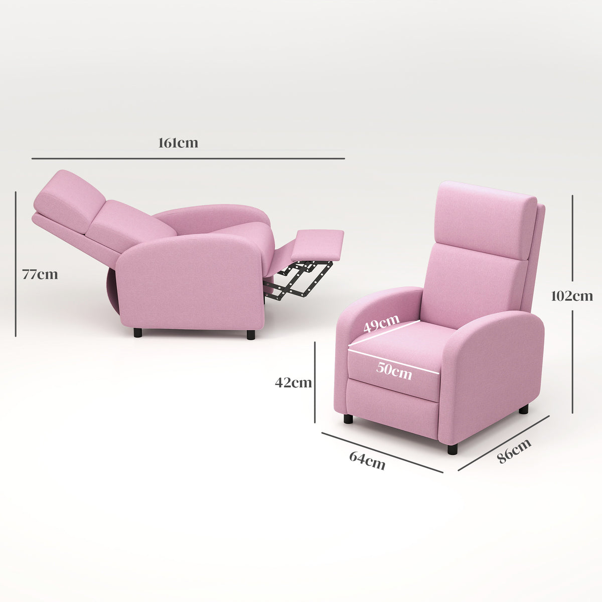 Poltrona Relax Reclinável até 160° Poltrona Reclinável Manual com Apoio para os Pés Carga Máxima 120 kg para Sala de Estar Dormitório 64x86x102 cm Rosa — foto 3